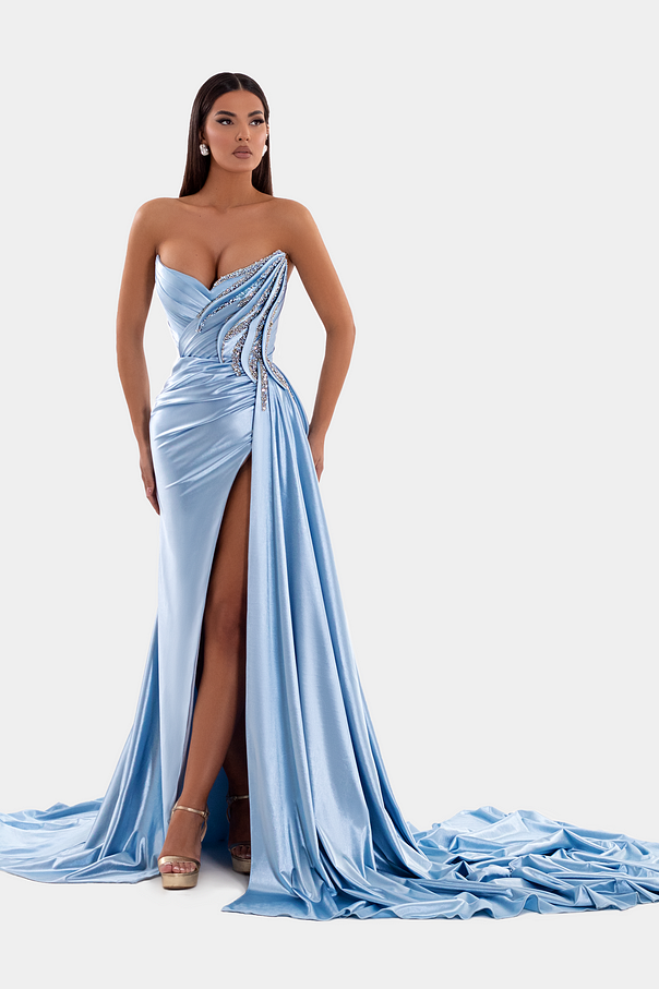 Daisda Stunning Sky Blue Strapless Sleeveless Pleated Long Split Prom Dress with Beadings