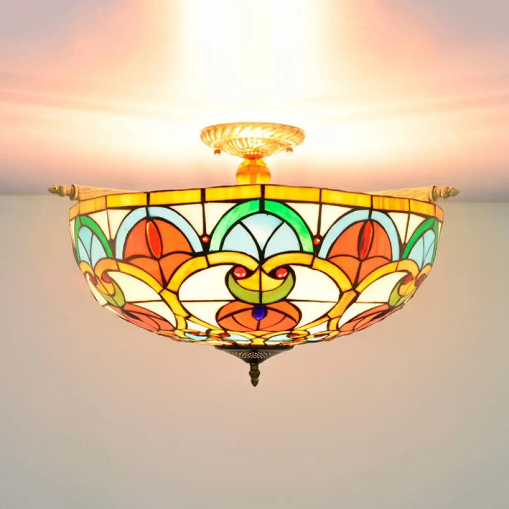 Baroque Brass Jewel Ceiling Lamp - 5 Multicolored Stained Glass Bulbs (21.5&rsquo;/25.5&rsquo;) Semi Flush