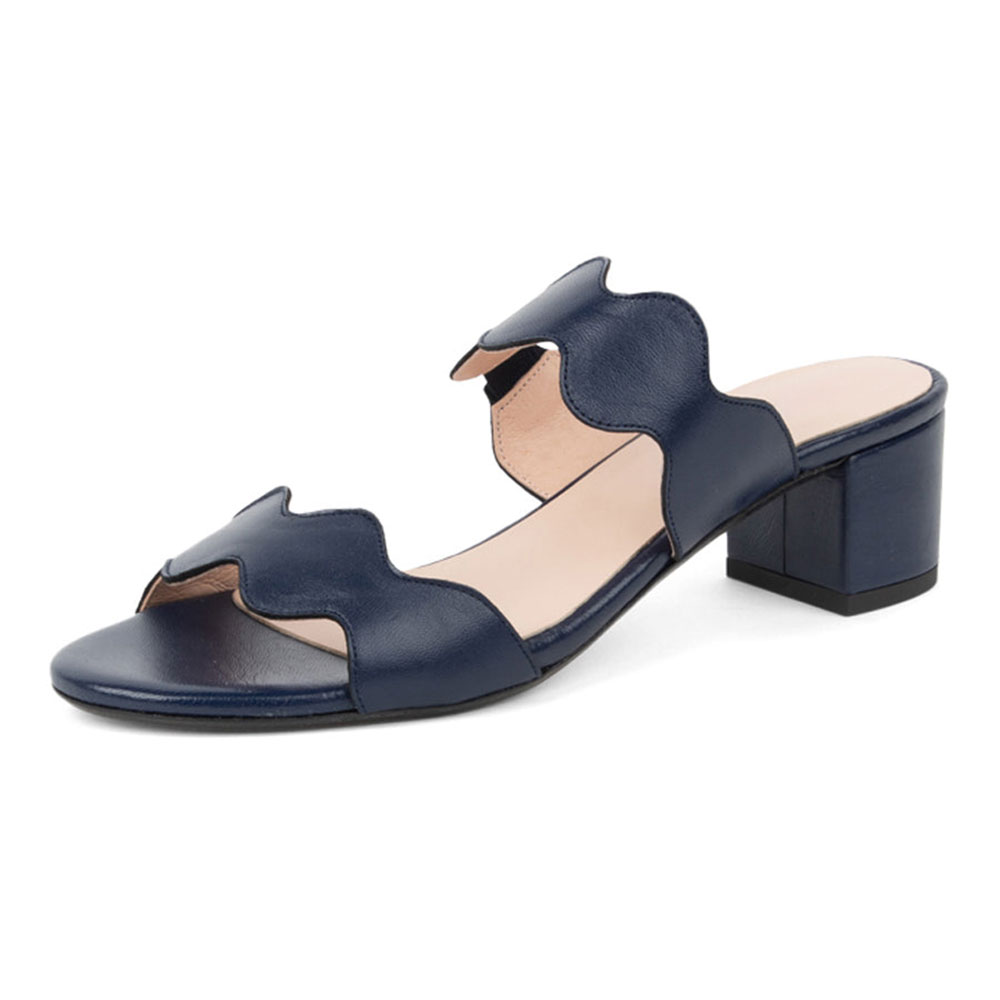 Two Straps Open Toe Block Heel Navy Blue Women's Mules Sandals Nicepairs