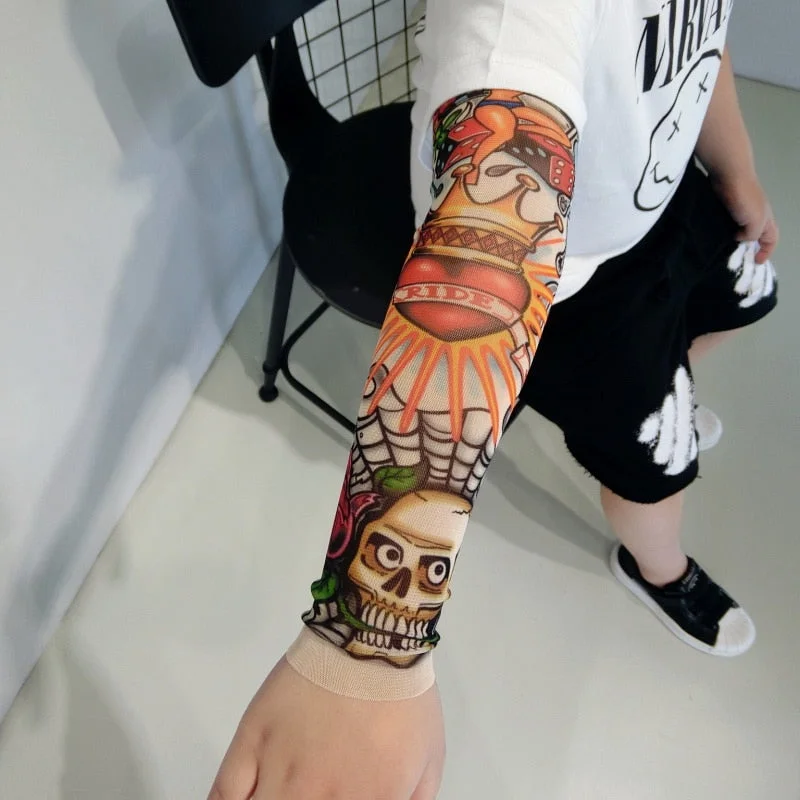 5PCS mixed elastic Fake temporary tattoo sleeve children cartoon designs cool child body Arm stockings tatoo 39model warm sleeve