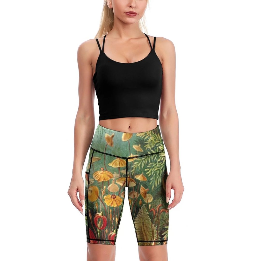 Vintage Moss Plants Knee-Length Yoga Shorts Women High Waisted Tummy Control Workout Running Biker Shorts