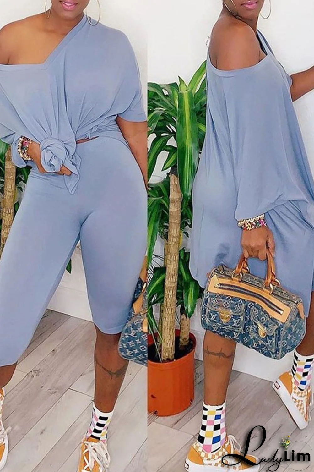 Grey Casual Solid Split Joint V Neck Short Sleeve Two Pieces