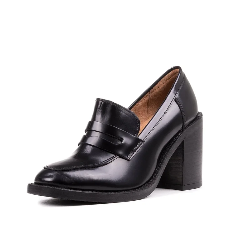 Black Vintage Shoes Round Toe Block Heel Penny Loafers for Women |FSJ Shoes