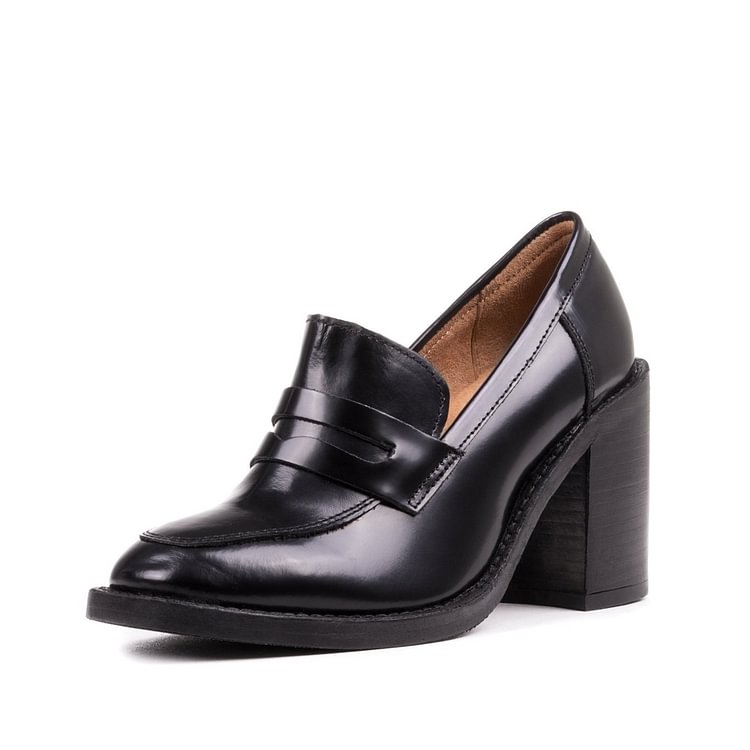 Black Round Toe Block Heel Loafers for Women Office Shoes |FSJ Shoes