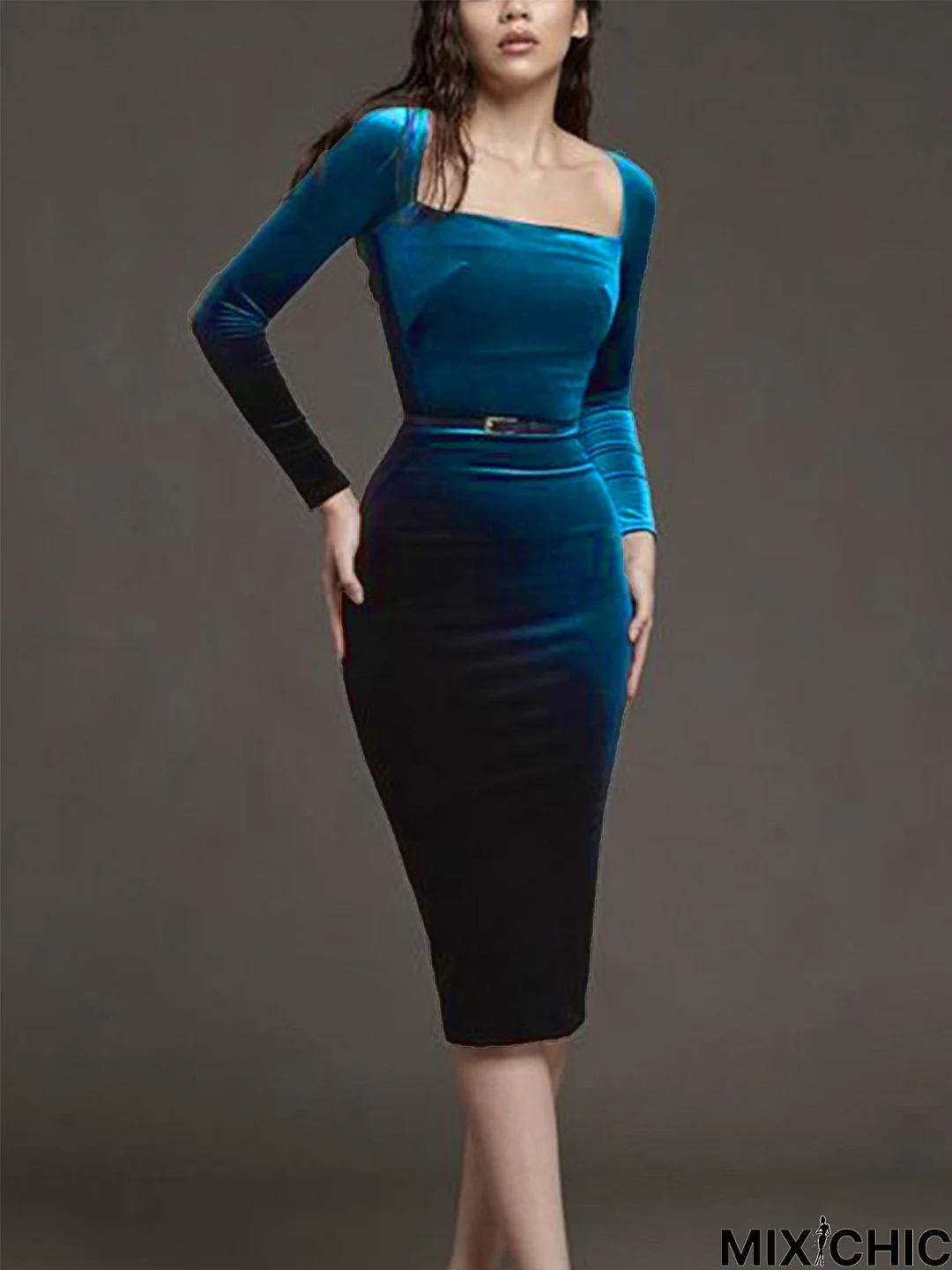 Square Neck Elegant Long sleeve No Elasticity Hip Skirt Party Dress