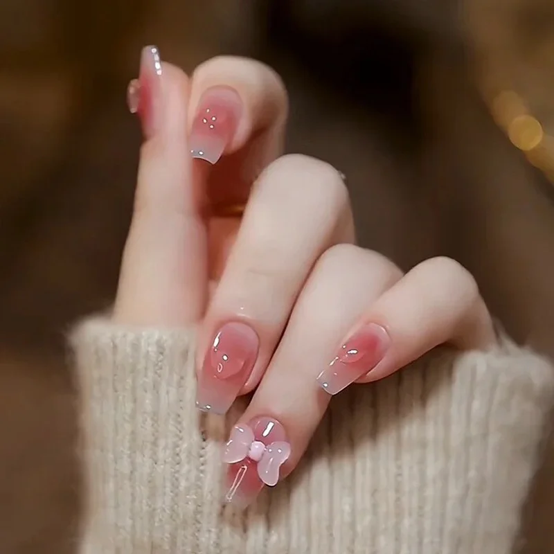 Buyerint 24pcs Wearable Pink Press on Nails – Butterfly Lovely Girl False Nails Tips with Jelly Gel Design  