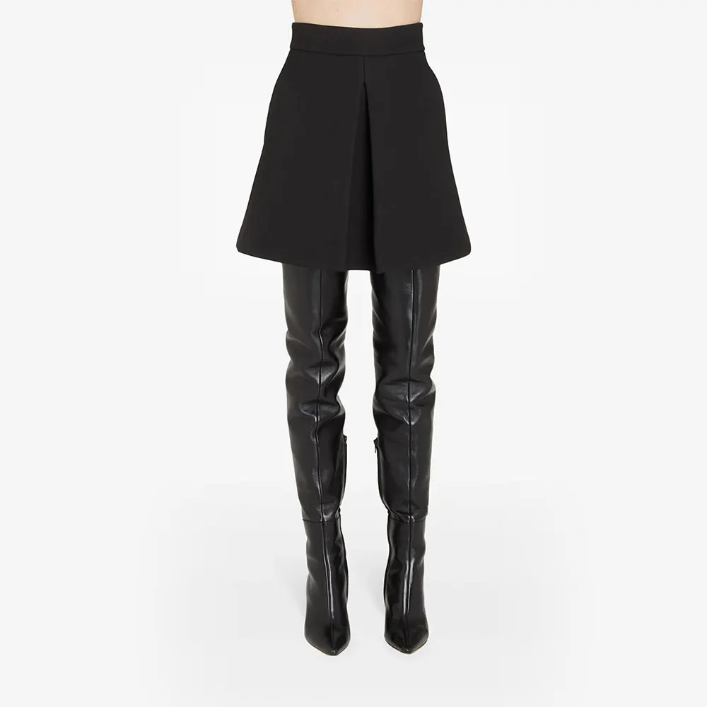 Women's Black Faux Leather Pointed Toe Side Zipper Thigh High Boots