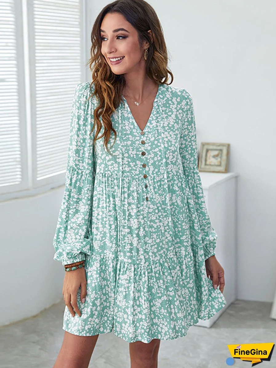 V-Neck Floral Printed Long Sleeve Button Casual Loose Mini Dress