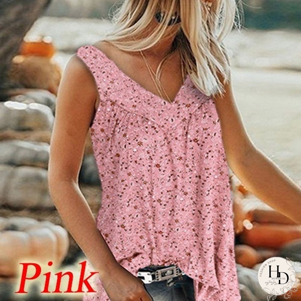 XS-8XL Plus Size Sleeveless Summer Tops Fashion Clothes Women's Casual Floral Printed Blouses Ladies Beach Wear Pleated Shirts Deep V-neck Tank Tops
