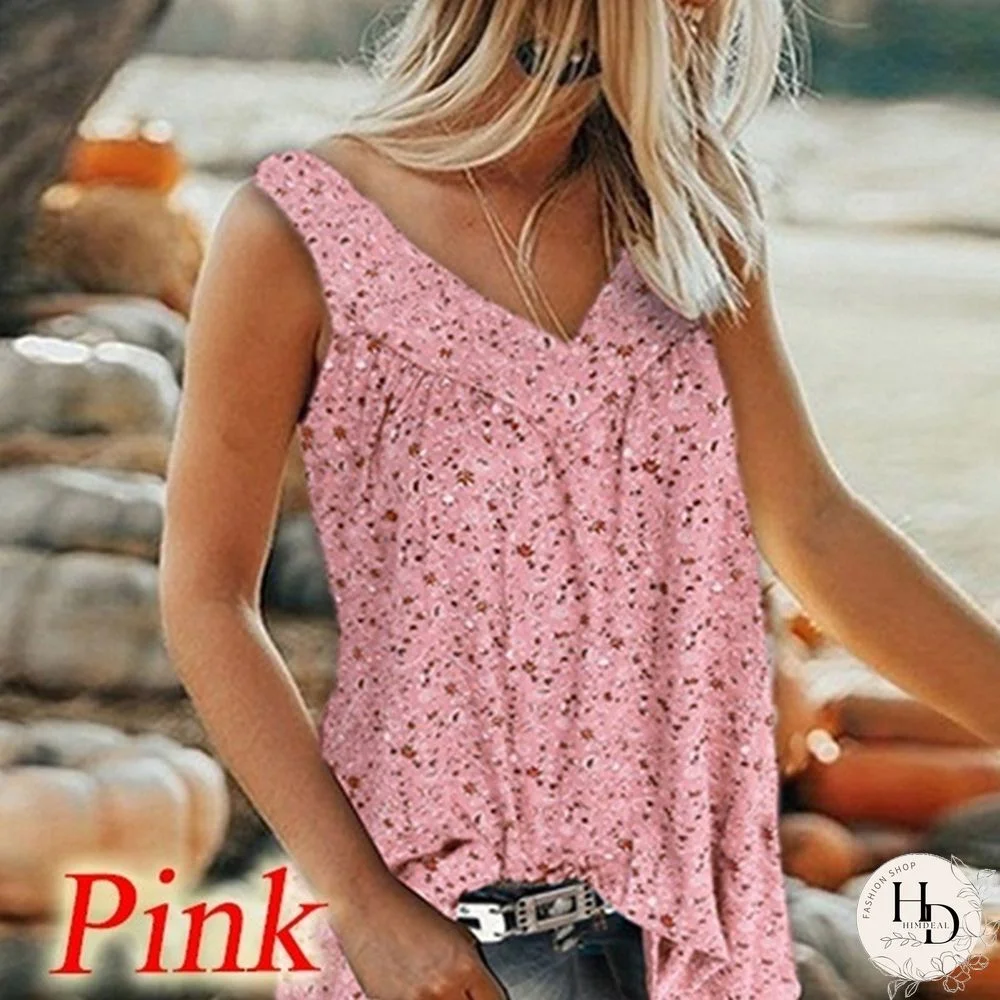 XS-8XL Plus Size Sleeveless Summer Tops Fashion Clothes Women's Casual Floral Printed Blouses Ladies Beach Wear Pleated Shirts Deep V-neck Tank Tops