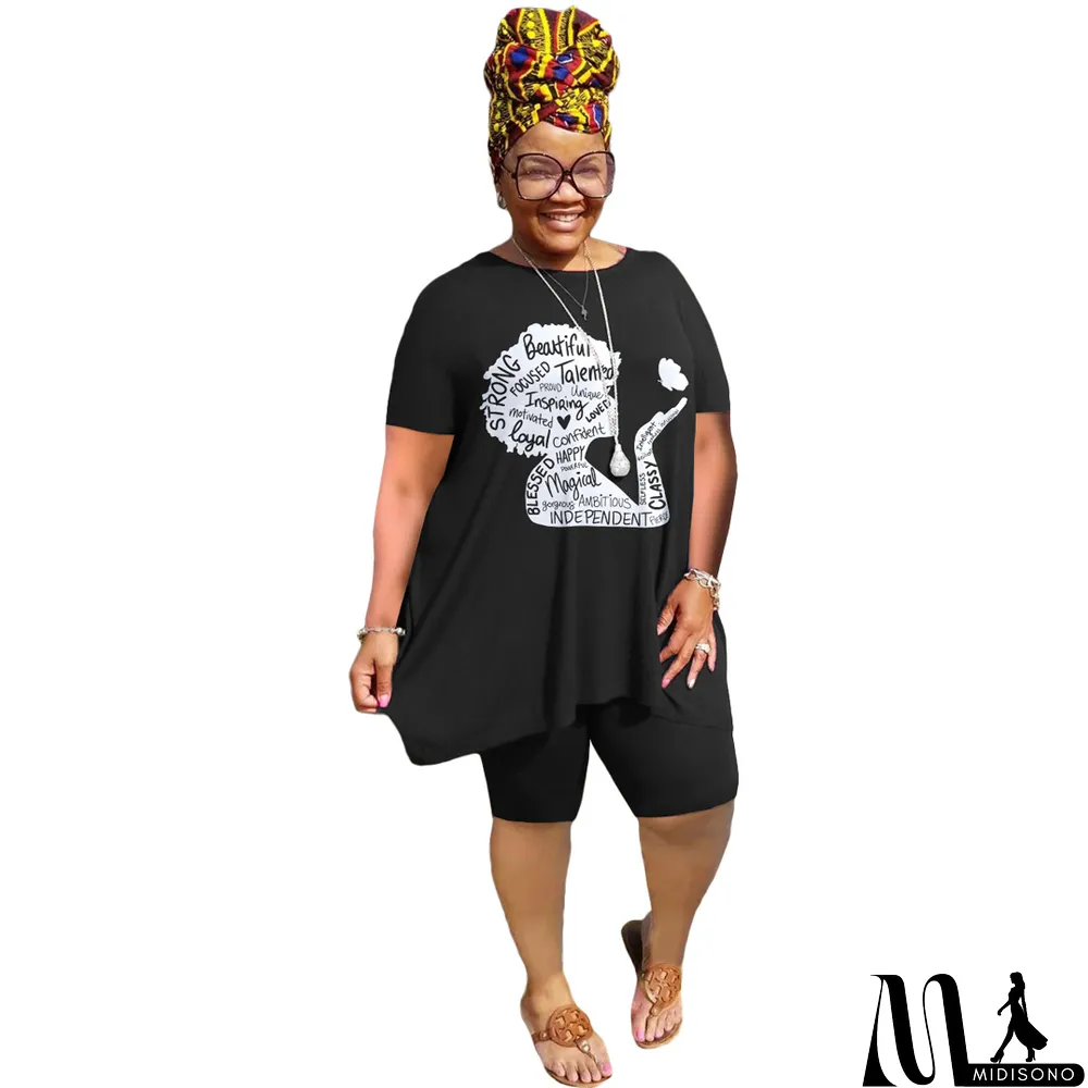 MidiSono - Plus Size Women'S Print Short Sleeve T-Shirt Shorts Two-Piece Casual Set