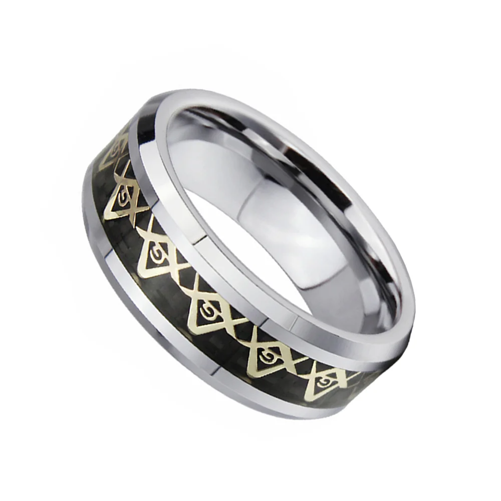 8mm Gold Masonic Decent Mens Tungsten Carbide Rings