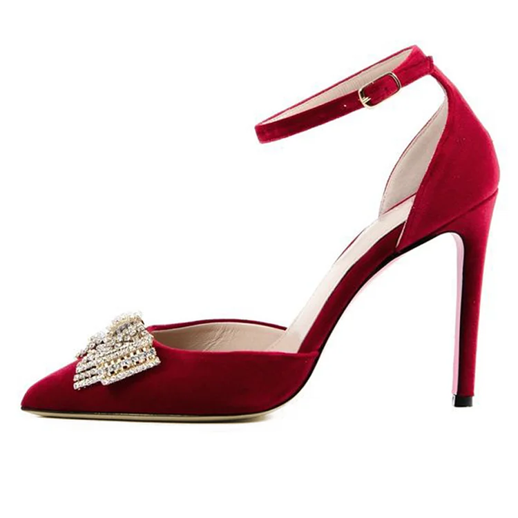 Elegant Red Velvet Pumps Women's Pointy Toe Stiletto Heel Party Rhinestones Bow Shoes |FSJ Shoes
