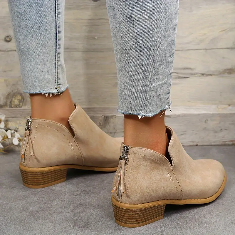 womens chunky heeled ankle boots solid color v zipper shoes stacked heeled short boots details 10