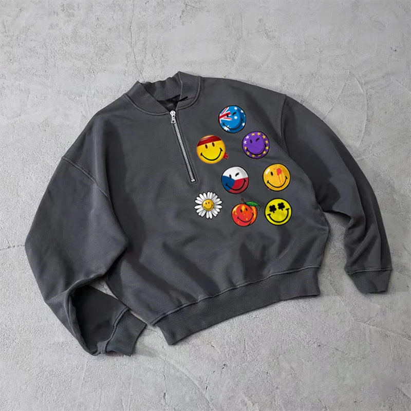 Trendy brand fashion smile pattern zipper baseball uniform pullover sweatshirt