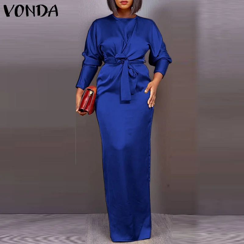 Satin Silk Dress Ladies Round Neck Long Sleeve Pleated Tunic Dresses VONDA Women Loose Solid Vestido Satin Robes Longue Oversize