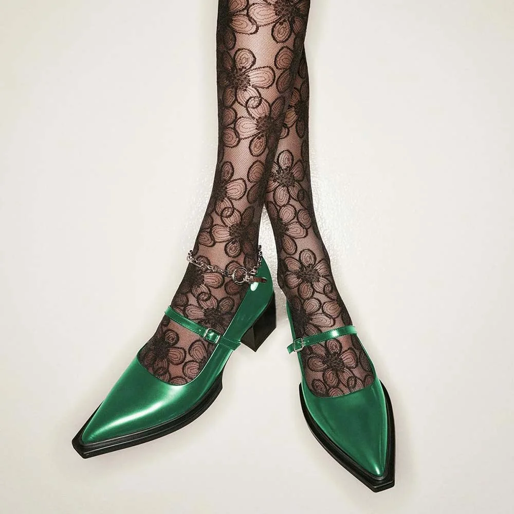 Green Buckle Strap Pointed Toe Classic Chunky Heeled Mary Janes