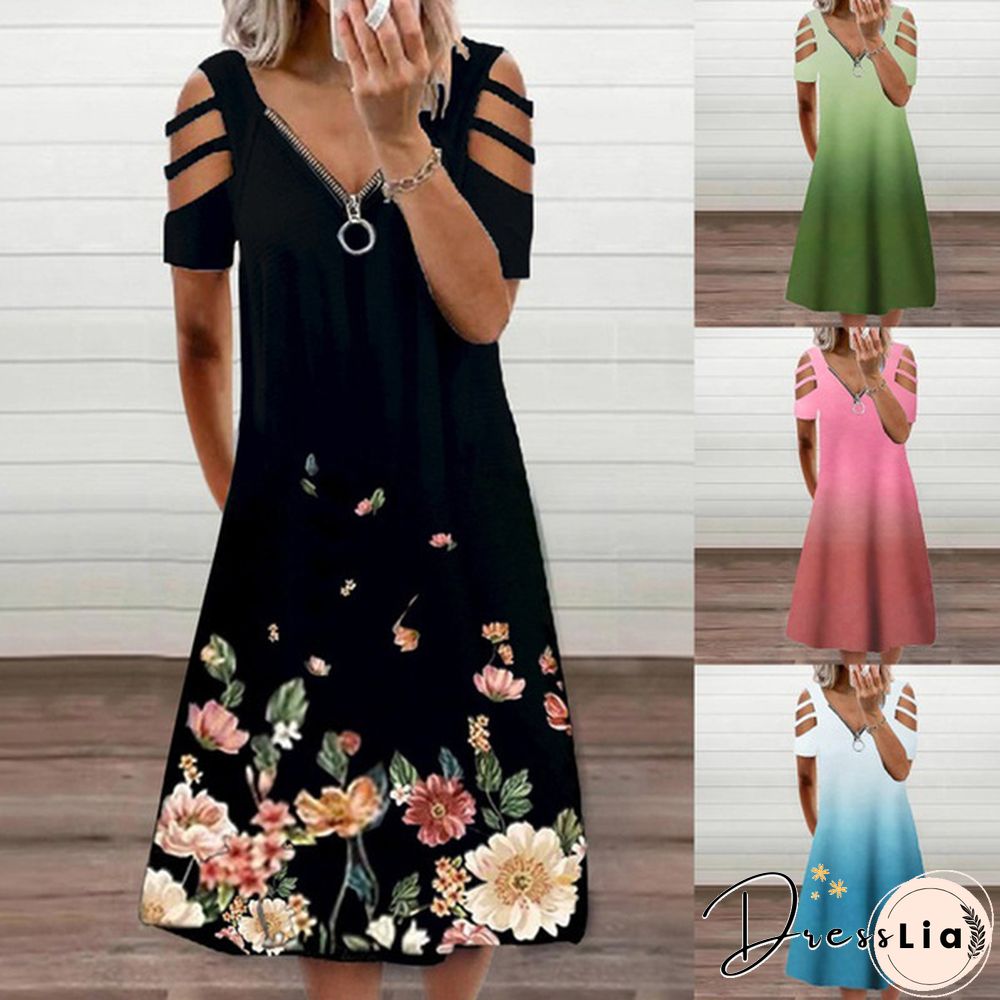 Xs-5Xl Summer New Casual Short-Sleeved Zipper V-Neck Dress Women's Loose Plus Size Dress Fashion Long Skirt