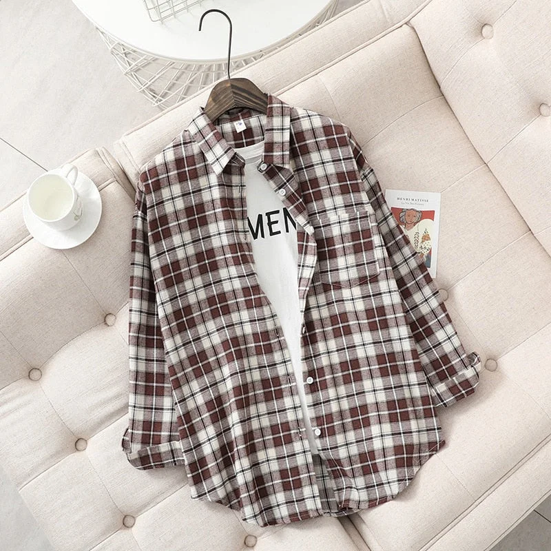 Autumn Plaid Shirts Women Blouses Long Sleeve Lady Tops Loose Female Clothes Casual Outwear New Arrivals