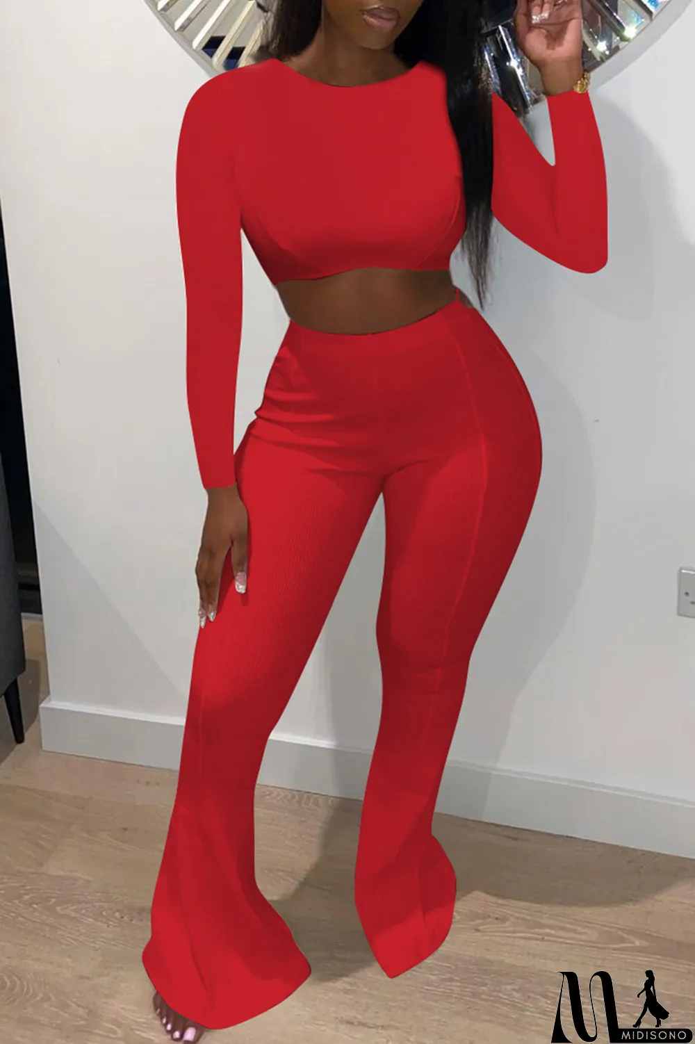 MidiSono - Red Fashion Casual Solid Basic O Neck Long Sleeve Two Pieces