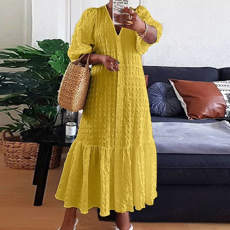 VONDA 2022 Summer Women Shirt Dress Sexy V Neck Button Half Sleeve Long Dresses Bohemian Vestidos Plus Size 5XL Elegant Robes