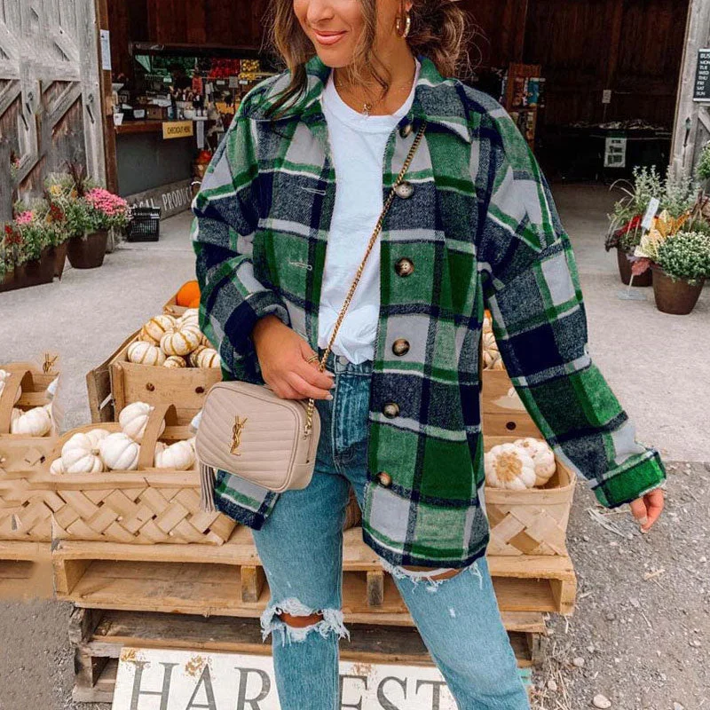 Autumn Plaid Jacket Women Overshirt Long Checkered Jacket Female Long Sleeve Winter Coat Shirt Jacket For Women