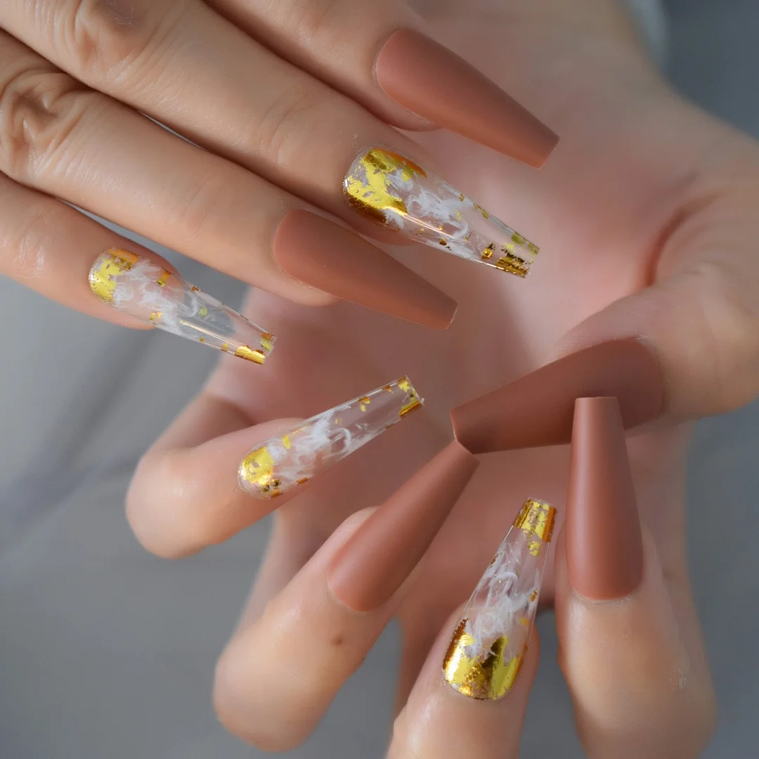 Glossy Nail Tips With 6pcs Foil Press On Nails 2021 Coffin Fingernails Extra Long Manicure With Design Supplies For Professional-Nail Inspo