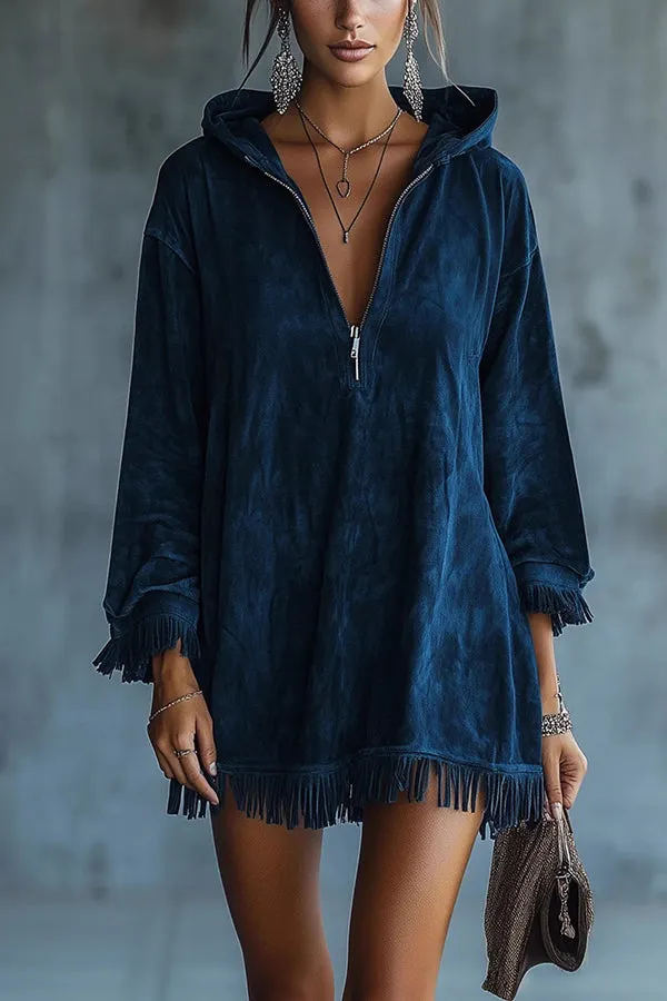 Solid Color Loose Hooded Zip-up Casual Long-sleeved Tassel Hem Mini Dress