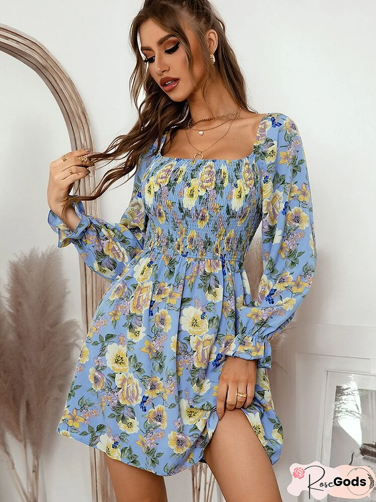 Spring /Summer Fashion Printed Square Neck Dress Four Side Elastic Sexy Short Skirt Fashion Temperament Club Party Women's Wear
