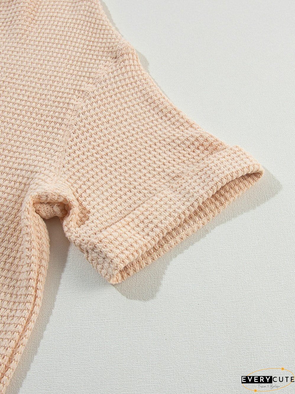 Parchment Waffle Knit V-Neck Casual Top with Split Neck