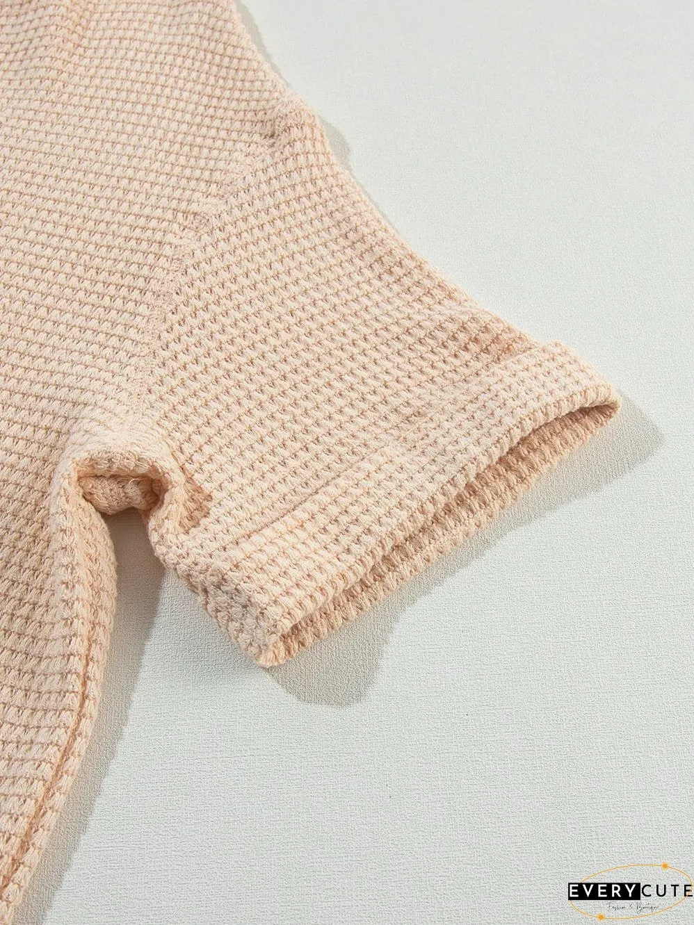Parchment Waffle Knit V-Neck Casual Top with Split Neck
