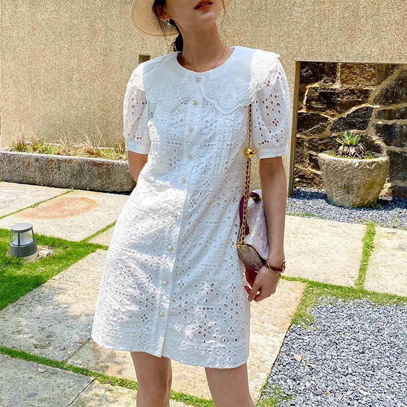 Uveng Uveng Embroidered Dress Girl Little Doll Collar Small Fragrant Style European Women's White Dress Summer New
