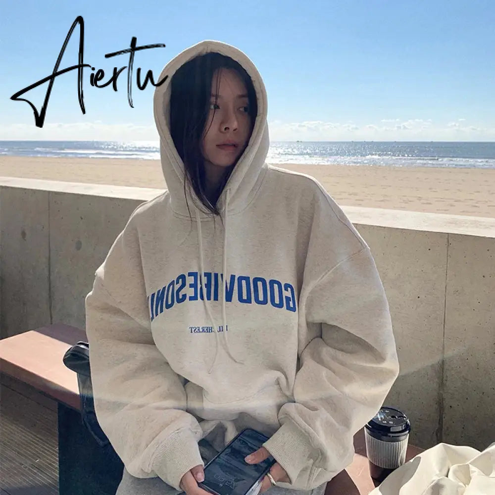 Womens Clothing Grey Vintage Street Sweatshirt Hoodie Letter Printing Long Sleeves Casual Warm Oversize Baggy Ladies Tops Autumn Aiertu