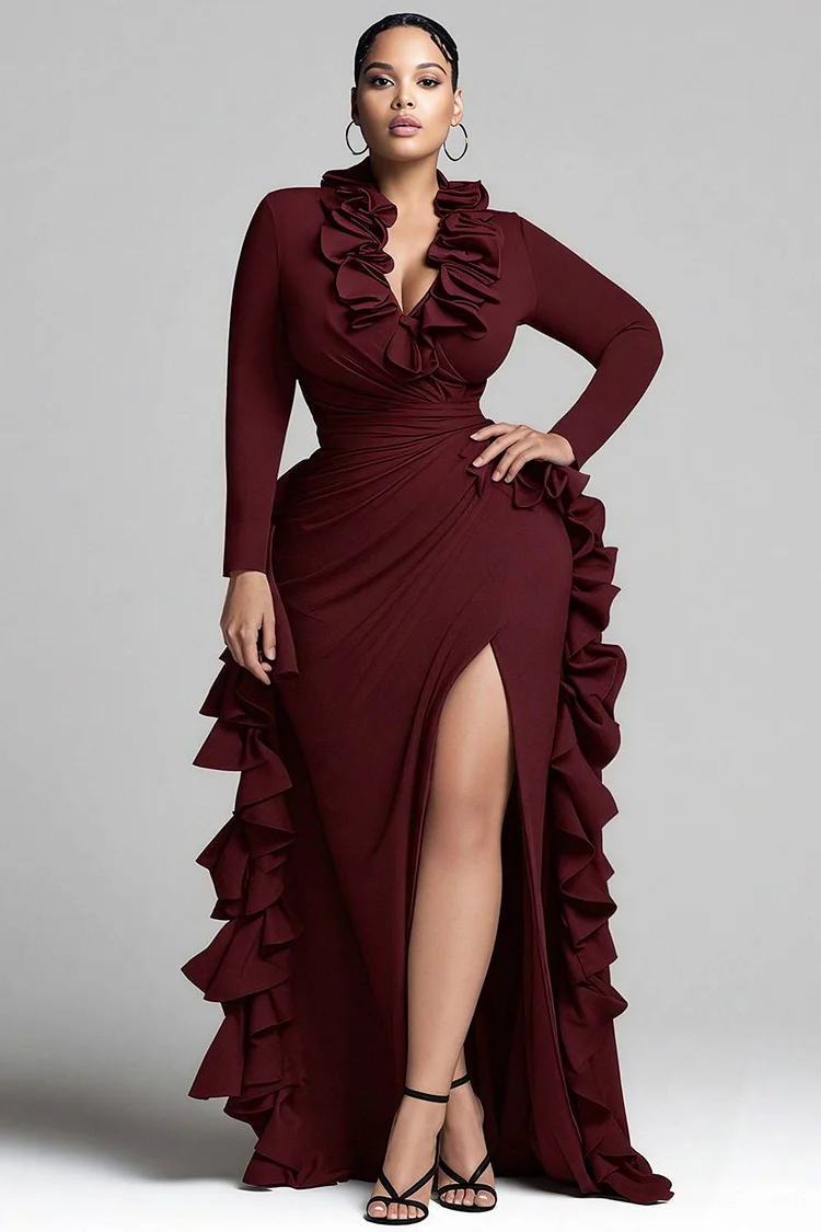 Xpluswear Design Plus Size Formal Burgundy V Neck Long Sleeve Ruffle Elegant Split Maxi Dresses [Pre-Order]