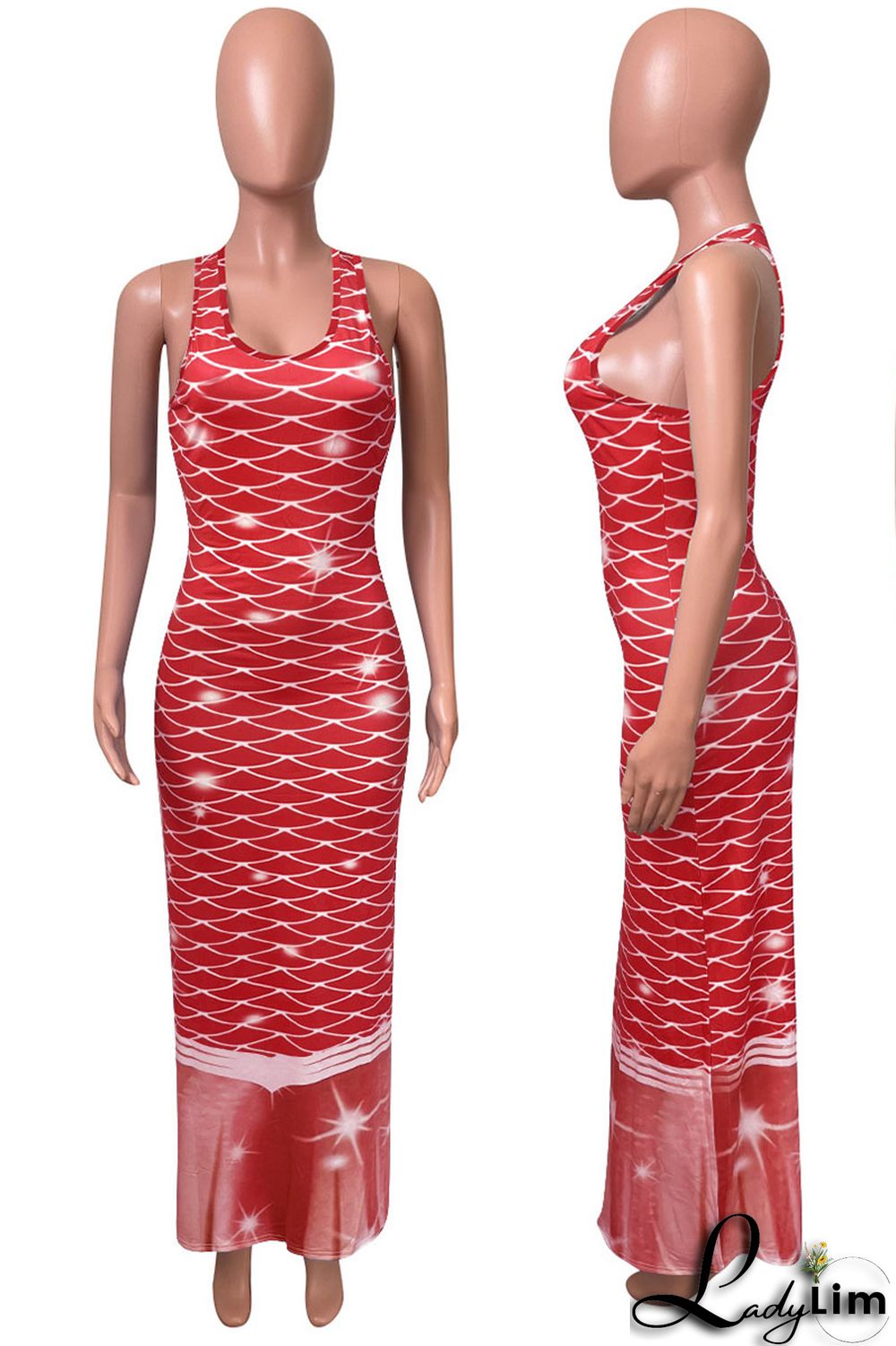 Tangerine Red Casual Print Split Joint U Neck Vest Dress Dresses