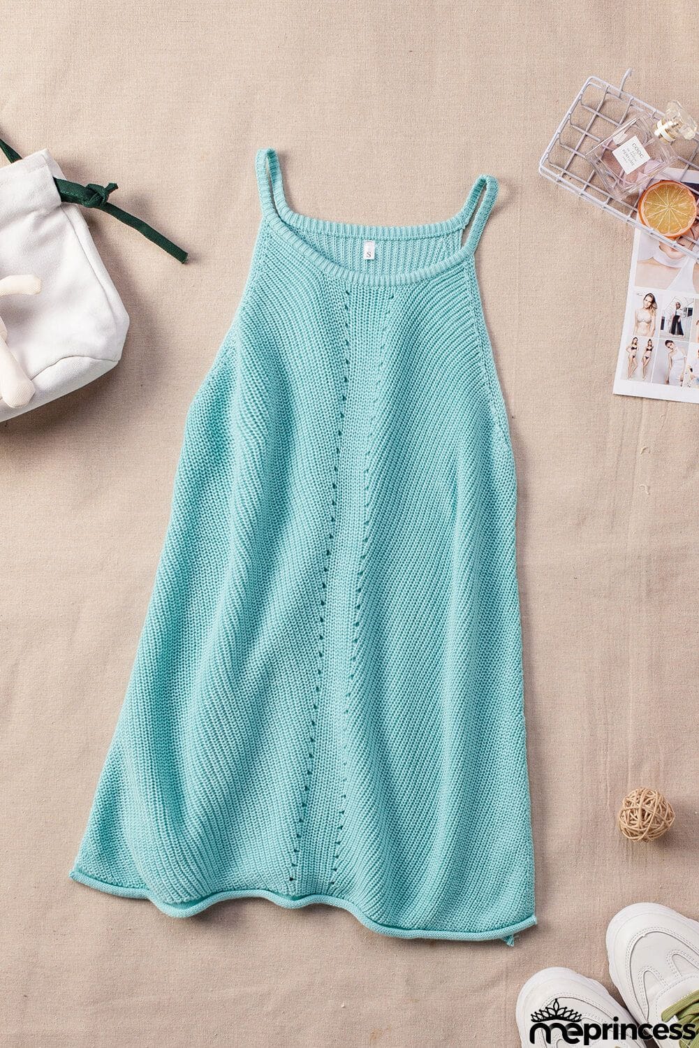 Summer Sky Blue Keyhole Knit Tank Top