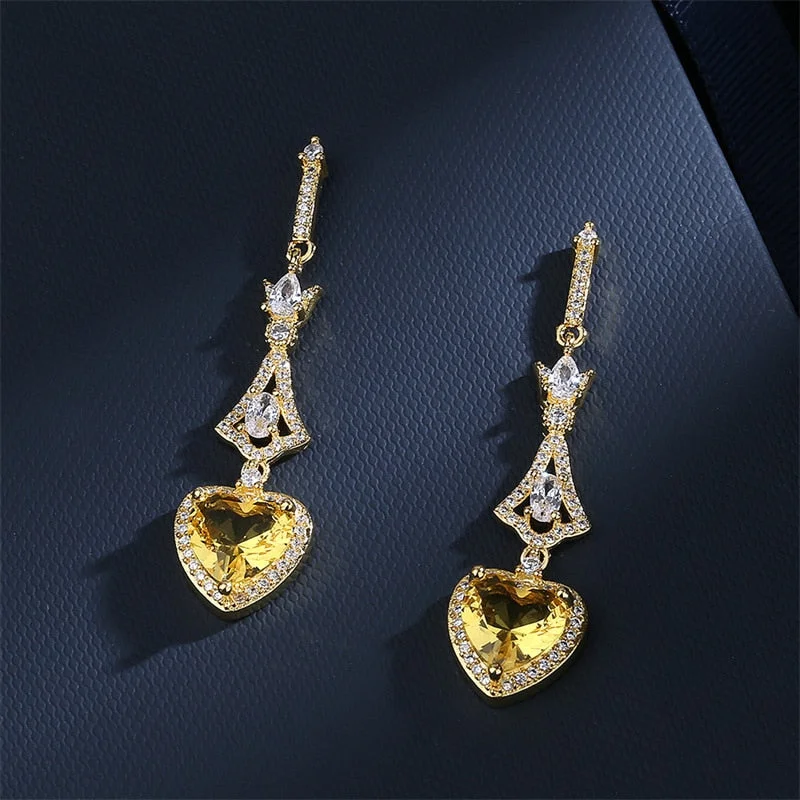 Huitan Noble Yellow Love CZ Dangle Earrings for Women Engagement Wedding Trend Luxury Ear Accessories Anniversary Party Jewelry