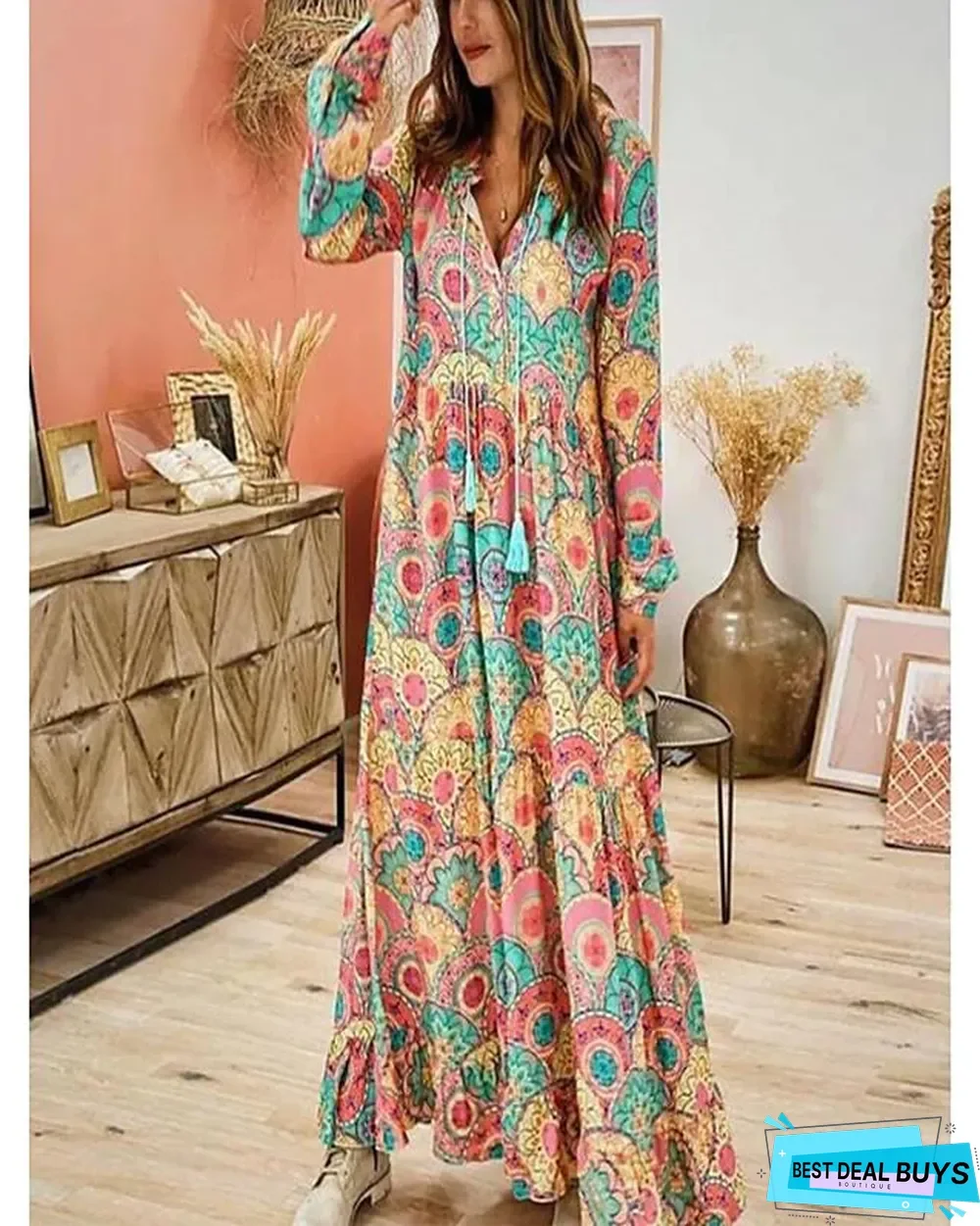 Women's Swing Dress Maxi long Dress Long Sleeve Print Patchwork Print Fall V Neck Casual Boho Loose Rainbow