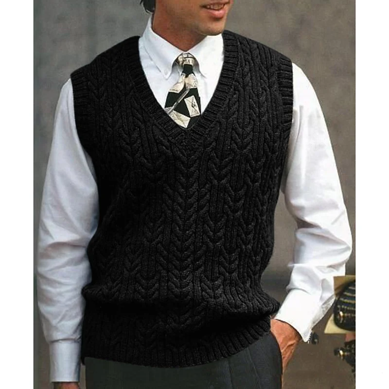 Mongw Mongw And Autumn New Knit Vest Men's Twisted V-Neck Sweater Pure Color Casual Men's Wear