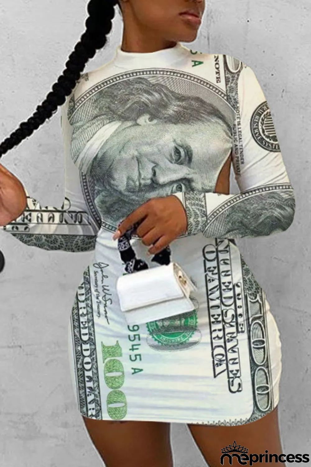 White Casual Print Backless Fold O Neck Pencil Skirt Dresses