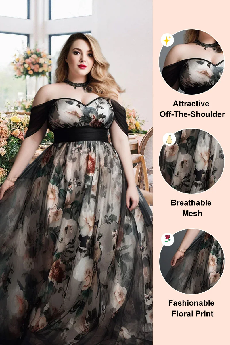 Flycurvy Plus Size Wedding Guest Black And White Mesh Floral Print Off The Shoulder Maxi Dress