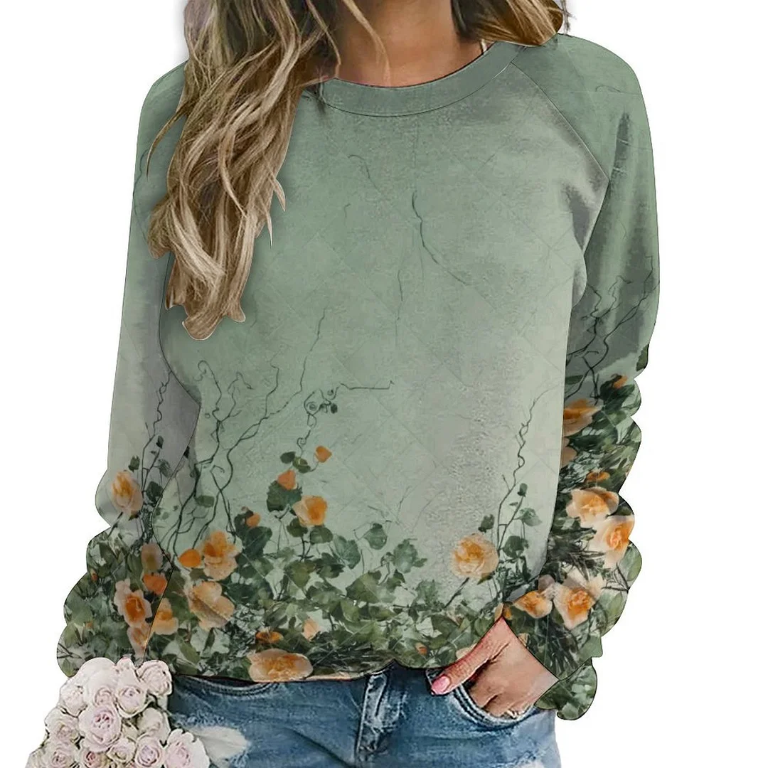 Printed Long Sleeve Casual Sweatshirt for  Women and Men Unisex Pattern Floral, Orange, Green