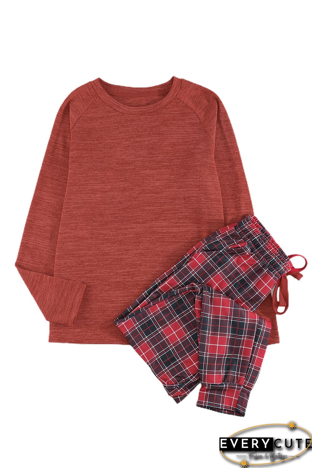 Solid Long Sleeve Top and Plaid Pants Loungewear