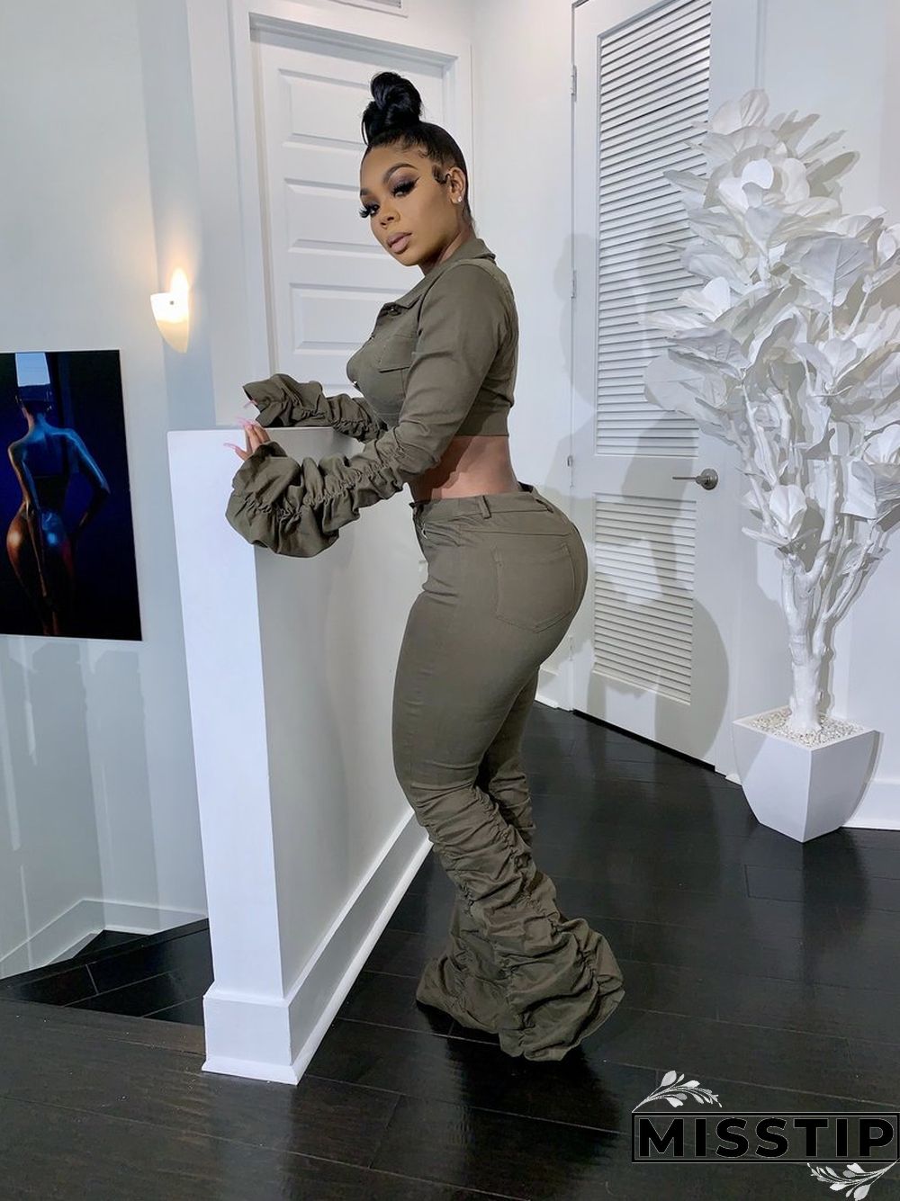 Flare Sleeve Wrinkle Short Jacket+Skinny Flare Legs Suits