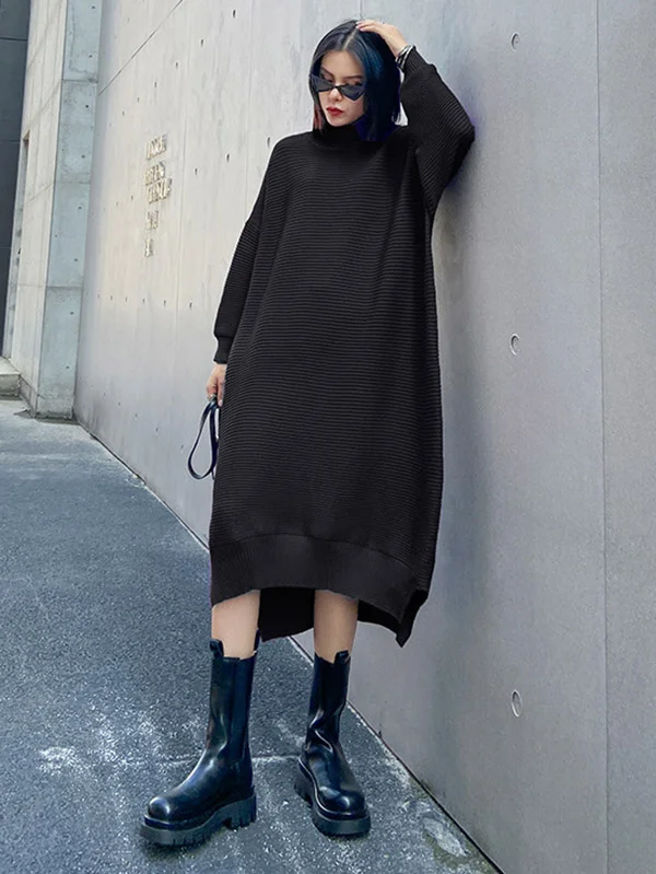 UrbanPure Color Split-Side High-Low Long Sleeves Sweater Dress
