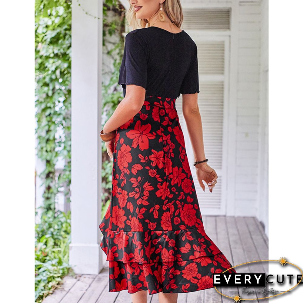 Red Floral Print Splicing V Neck Dress with Slit
