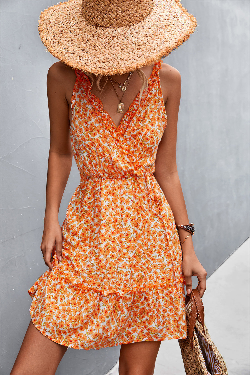 Spring Summer V-neck Lace-up Ruffled Floral Strap Dress