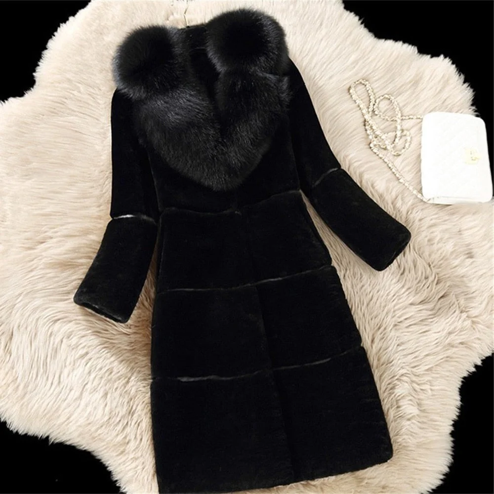 Faux Fur Coats Large Size 5XL Women Winter Fur Thick Long Jacket 2021 New Fashion Women Fake Fox Fur Collar Faux Fur Outerwear