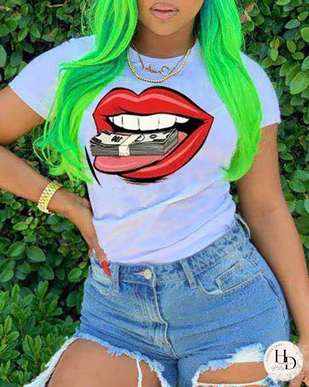 Lip Print Short Sleeve Casual T-shirt P13284