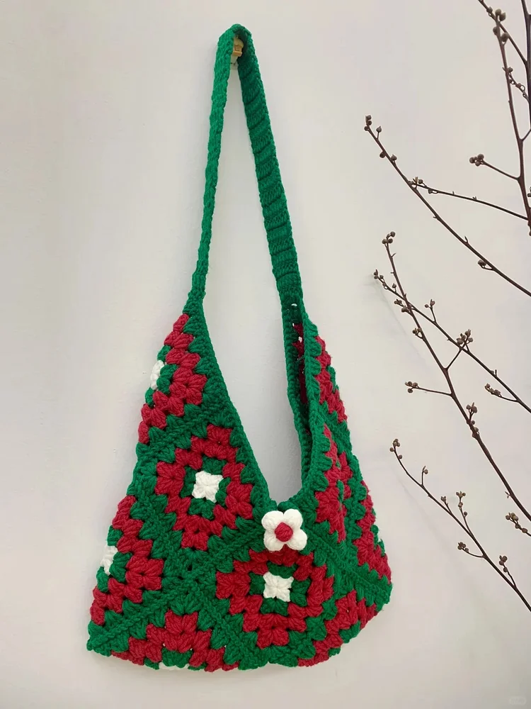Lulusnow Handmade Green Red Granny Square Crochet Crossbody Bag Shoulder Bag  Gift For Her/Him/Christmas/St.Patrick's/Birthday
